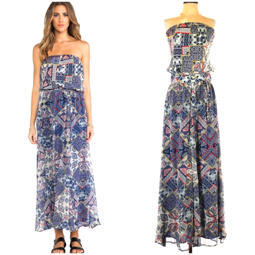 Silk Maxi Dress XS - Revolve Gypsy 05 Adari Boho Paisley Printed Strapless